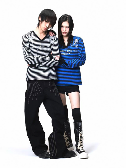 Striped V Neck Skull Long Sleeve【s0000018203】