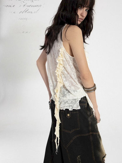 Spliced Ruffle Lace Dark Jacquard Camisole Tank Top【s0000008477】