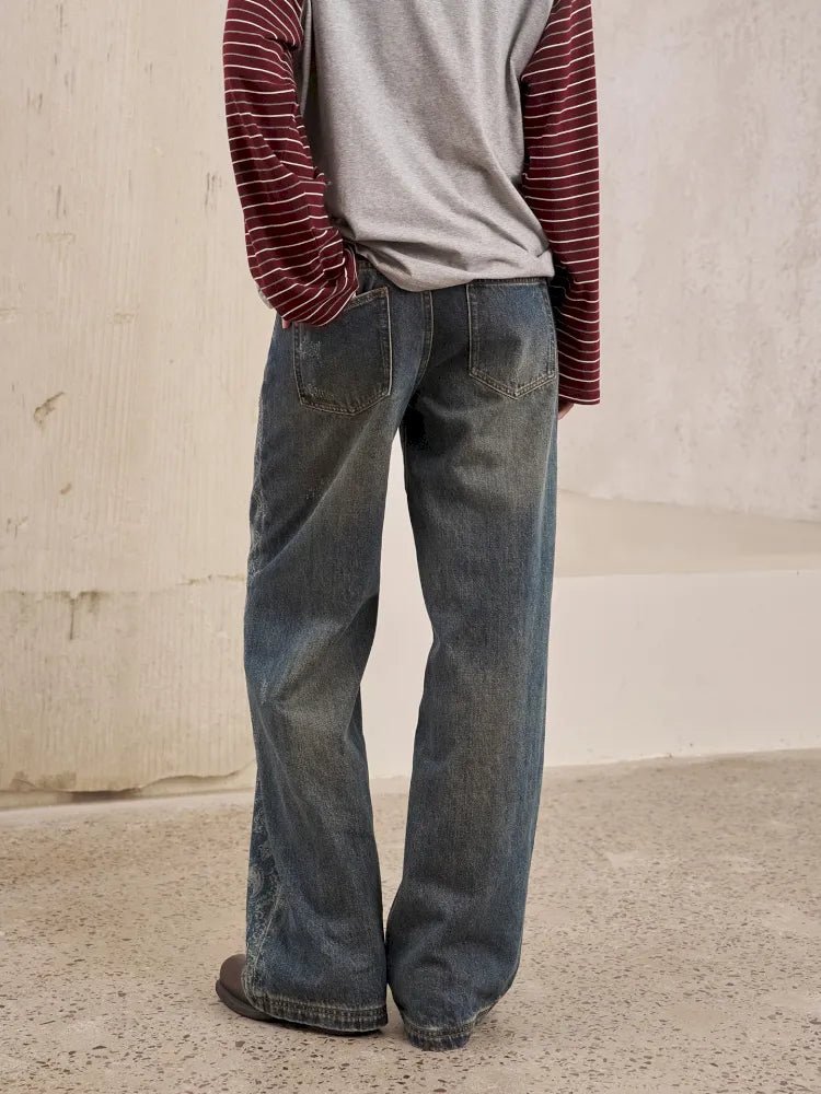 Vintage-Washed Relaxed Straight-Leg Jeans【s0000014043】