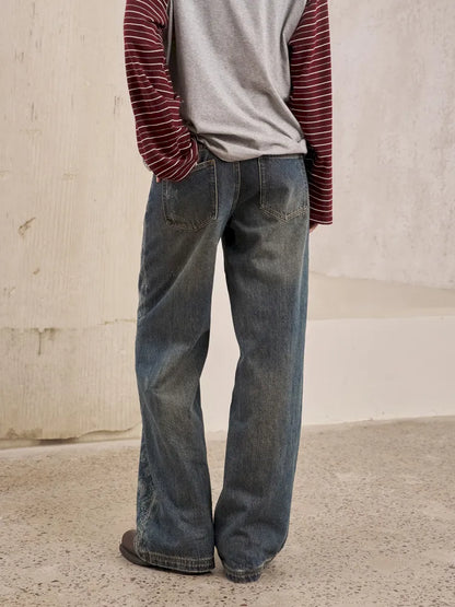Vintage-Washed Relaxed Straight-Leg Jeans【s0000014043】