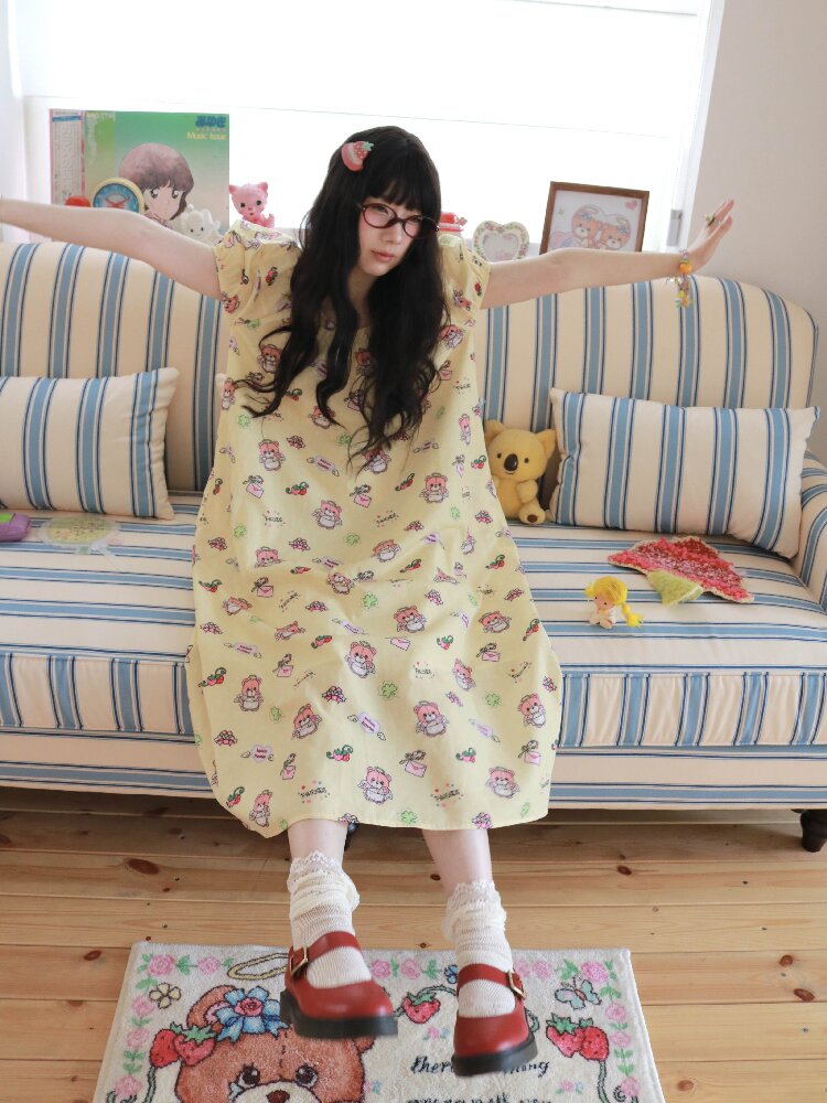 Bear Print Puff Sleeve Long Dress【s0000017512】