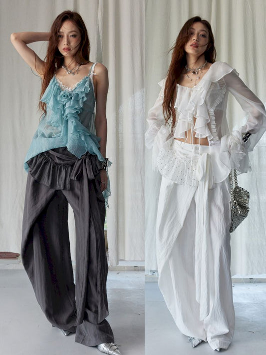 Cropped Pleated Lace-Up Asymmetrical Casual Pants【s0000013228】