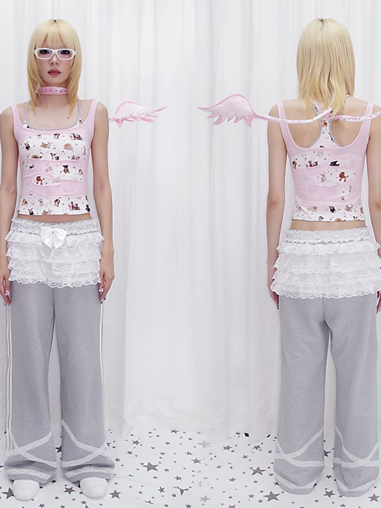 Dog Print False Two Piece Cami Tank Top【s0000013875】