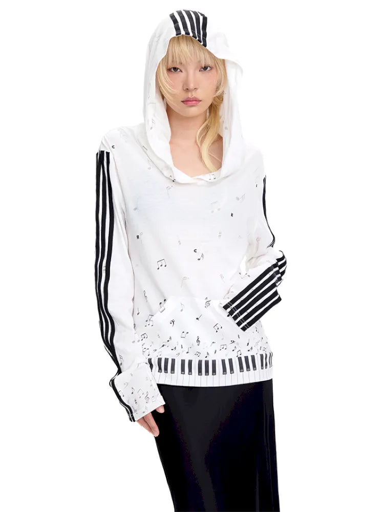 Piano Note Print Pullover Long-Sleeve Sweatshirt【s0000014100】