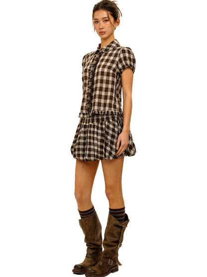 Color Block Plaid Shirt Mini Skirt【s0000017906】
