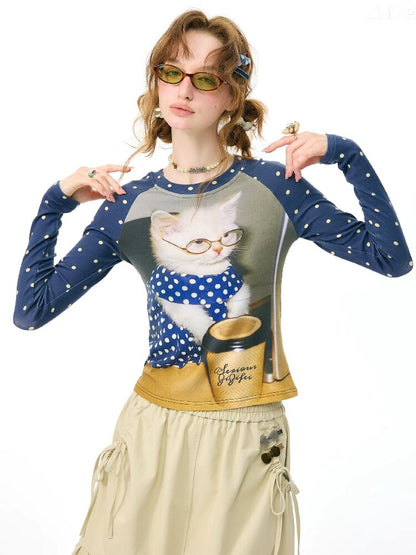 Navy Polka Dot Cat Print Shirt【s0000017894】