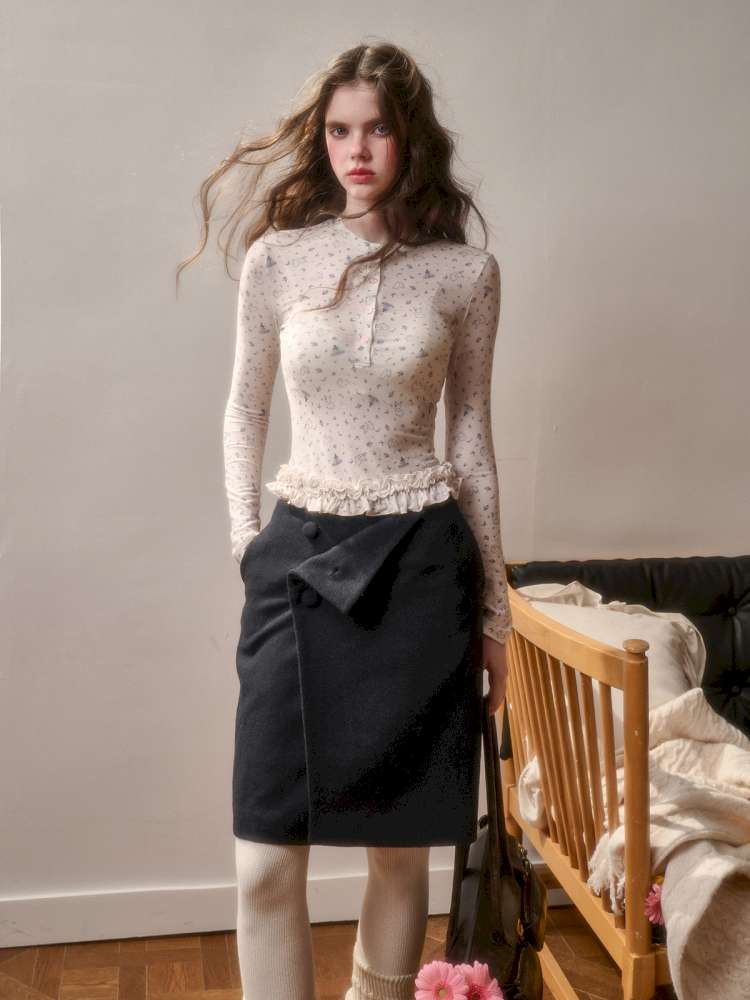 Comfortable Cotton Crew Neck Slim Lace Hem Top【s0000014895】