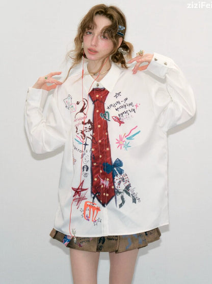 Graffiti Print Long Sleeve Shirt【s0000017890】