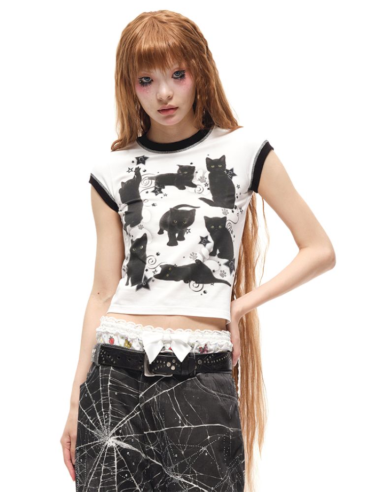 Black Cat Print Short Sleeve T-Shirt【s0000012587】