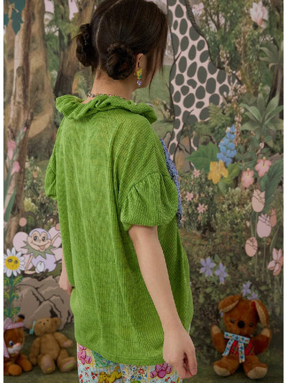 Hand Painted Print Lace Pleated Top【s0000017121】