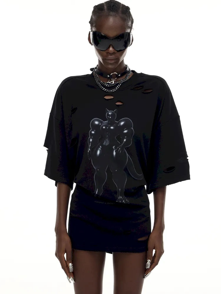 Cat Print Distressed T-Shirt with Drawstring Waist【s0000014018】