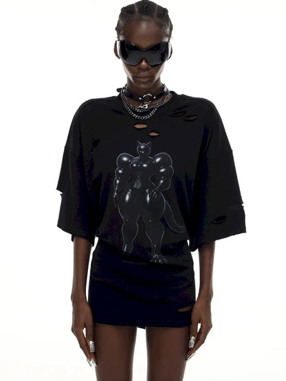 Cat Print Distressed T-Shirt with Drawstring Waist【s0000014018】