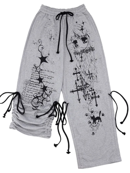 Doodle Print Puffy Drawstring Sweatpants【s0000014092】