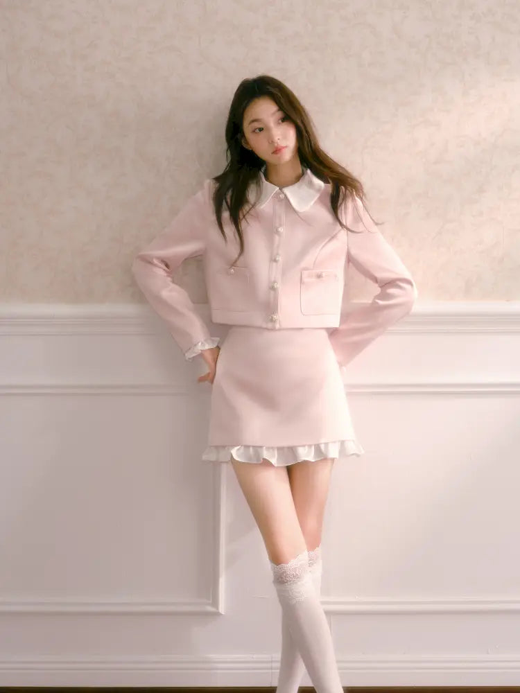 Doll Collar Short Jacket Flounce-Hem Bodycon Skirt【s0000014334】