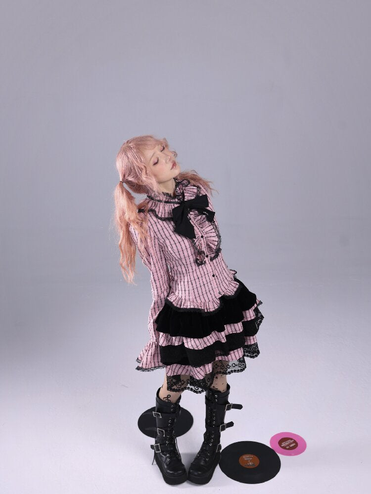 Pink Black Check Bow Flared Shirt【s0000016221】