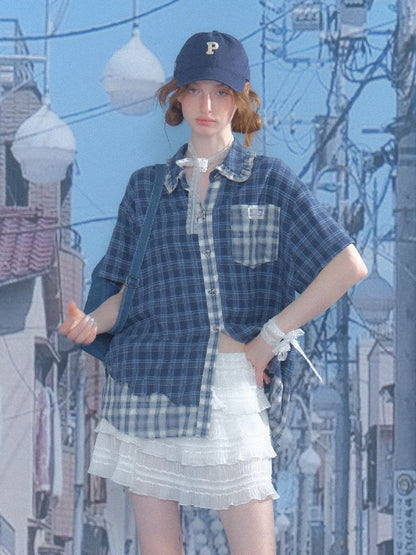 Plaid Patchwork Short Sleeve Shirt【s0000012230】