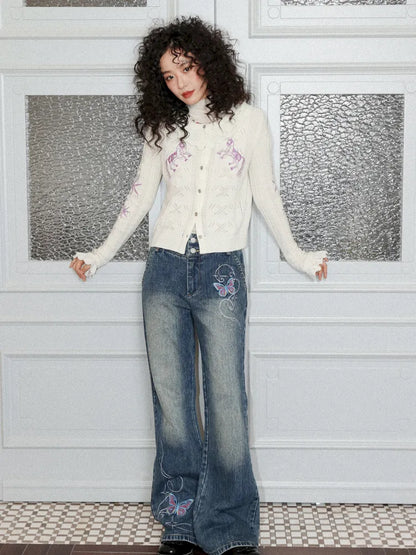 Butterfly Embroidered Slightly Flared Jeans【s0000013987】