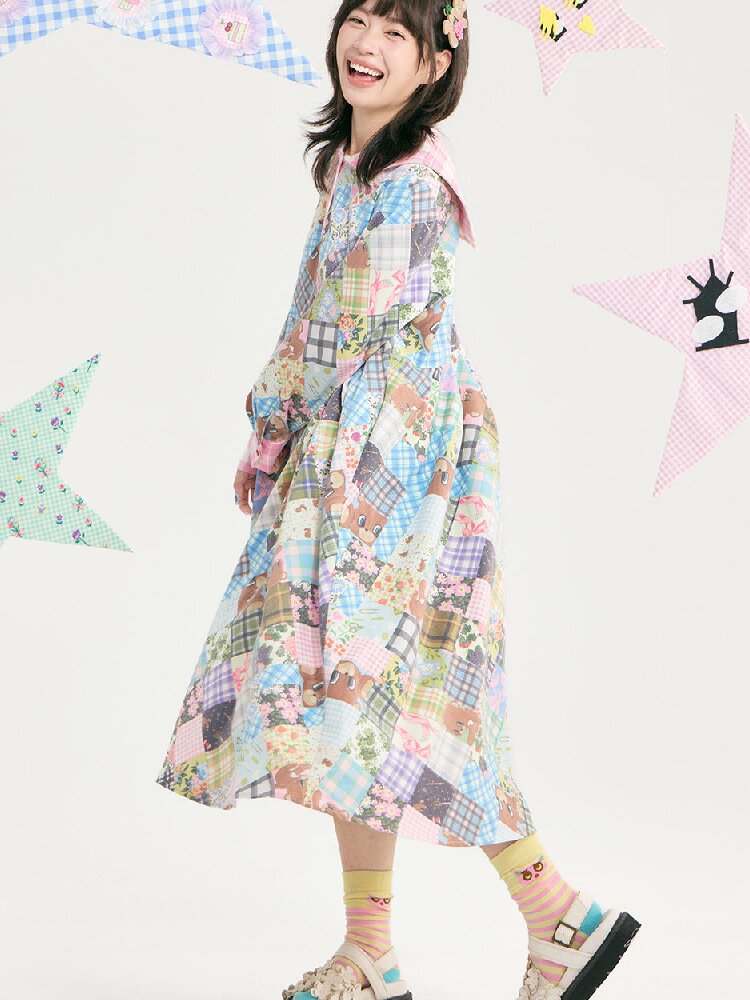 Vintage Bear Floral Navy Collar Dress【s0000018727】