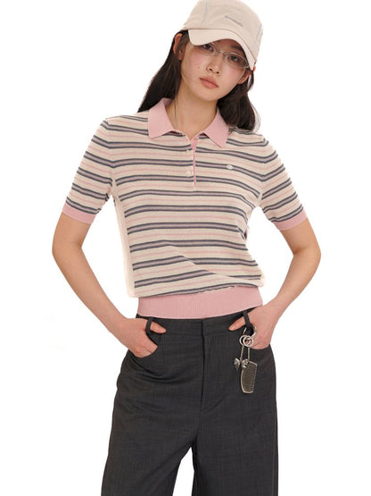 Stripes polo collar short sleeve knit tops【s0000013436】