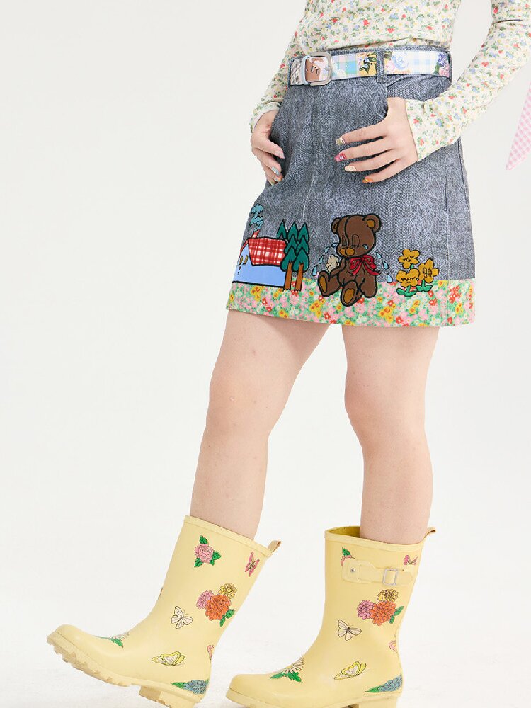 Denim Floral Patchwork Short Skirt【s0000018720】