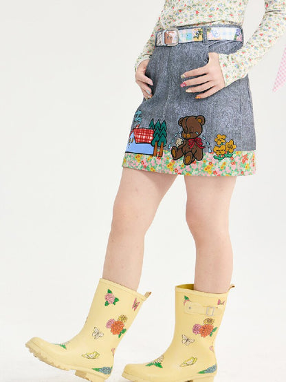 Denim Floral Patchwork Short Skirt【s0000018720】