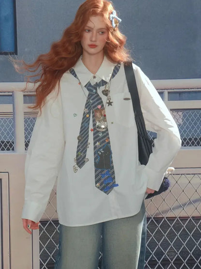 Loose tie print white long sleeve shirt【s0000014350】