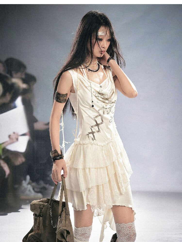 Strap Print Lace Ruffled Dress【s0000016214】