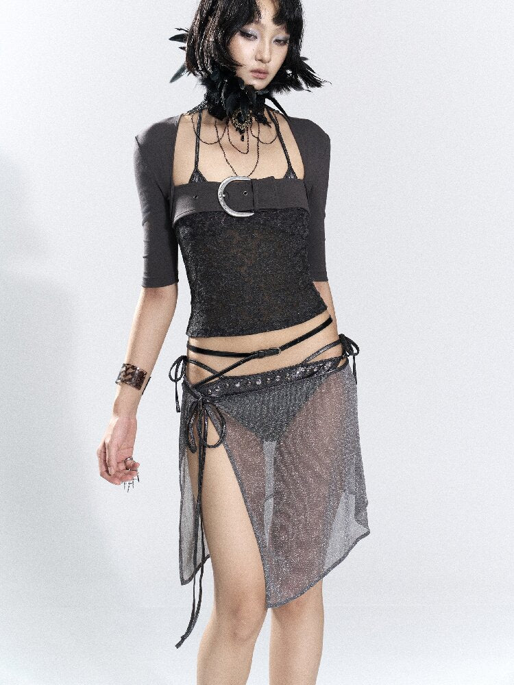 Patchwork Lace Leather Button Top【s0000018478】