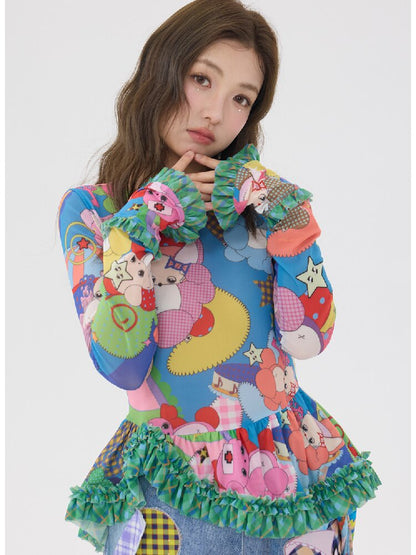 Two Color Cartoon Mesh Lace Top【s0000016197】