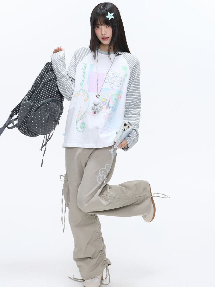 Loose Print Striped Raglan Top【s0000016378】