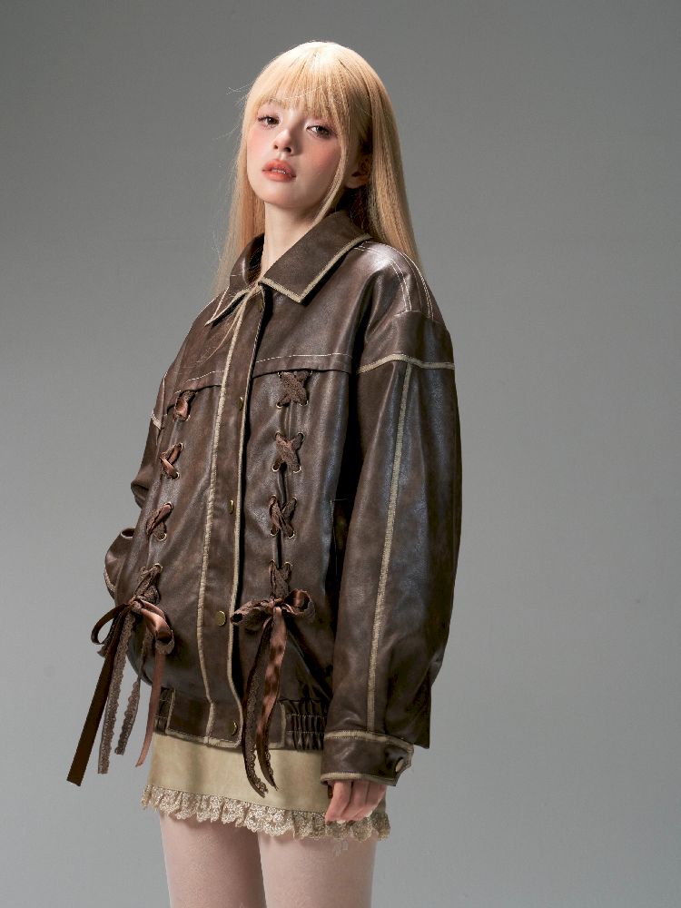 Lace Tie Brown Washed Scrub Color Fur Coat【s0000005321】