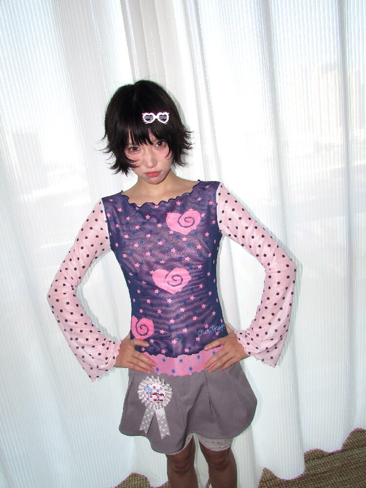 Pink Blue Mesh Flared Sleeve Top【s0000018675】