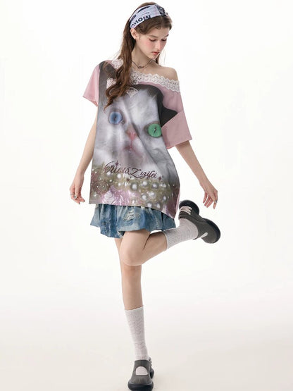 Lace Patchwork Cat Print Loose T【s0000017316】