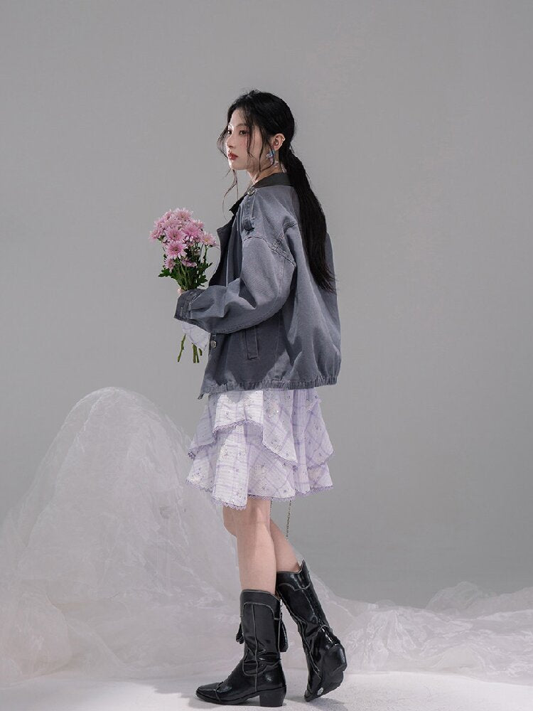 Ink Gray Leather Washed Denim Jacket【s0000015741】