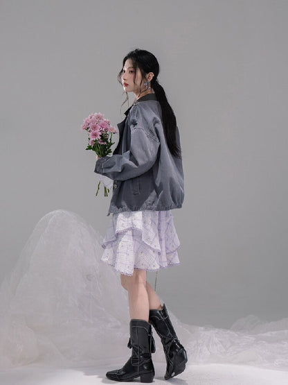 Ink Gray Leather Washed Denim Jacket【s0000015741】