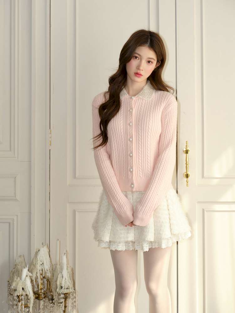 Pink Crochet Diamond Knit Cardigan【s0000015050】