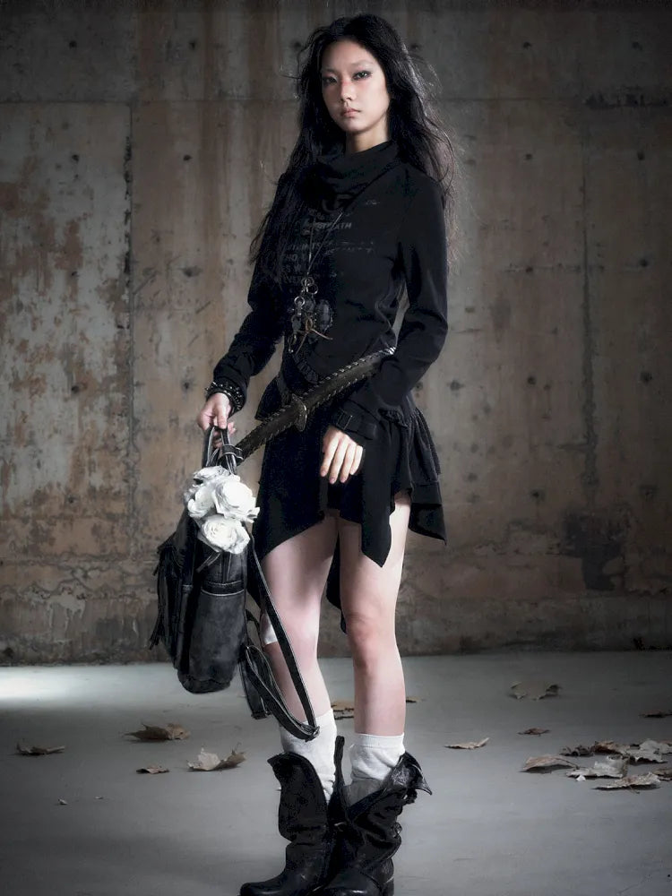 Asymmetric Collar Long-Sleeve Dress【s0000013960】