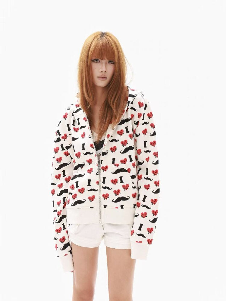 Heart Print Wide Zip Hoodie Jacket【s0000018354】