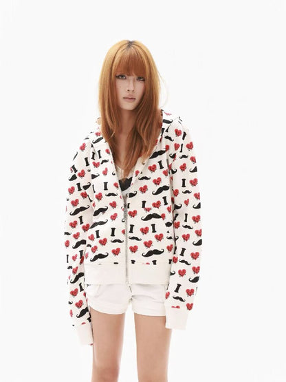 Heart Print Wide Zip Hoodie Jacket【s0000018354】