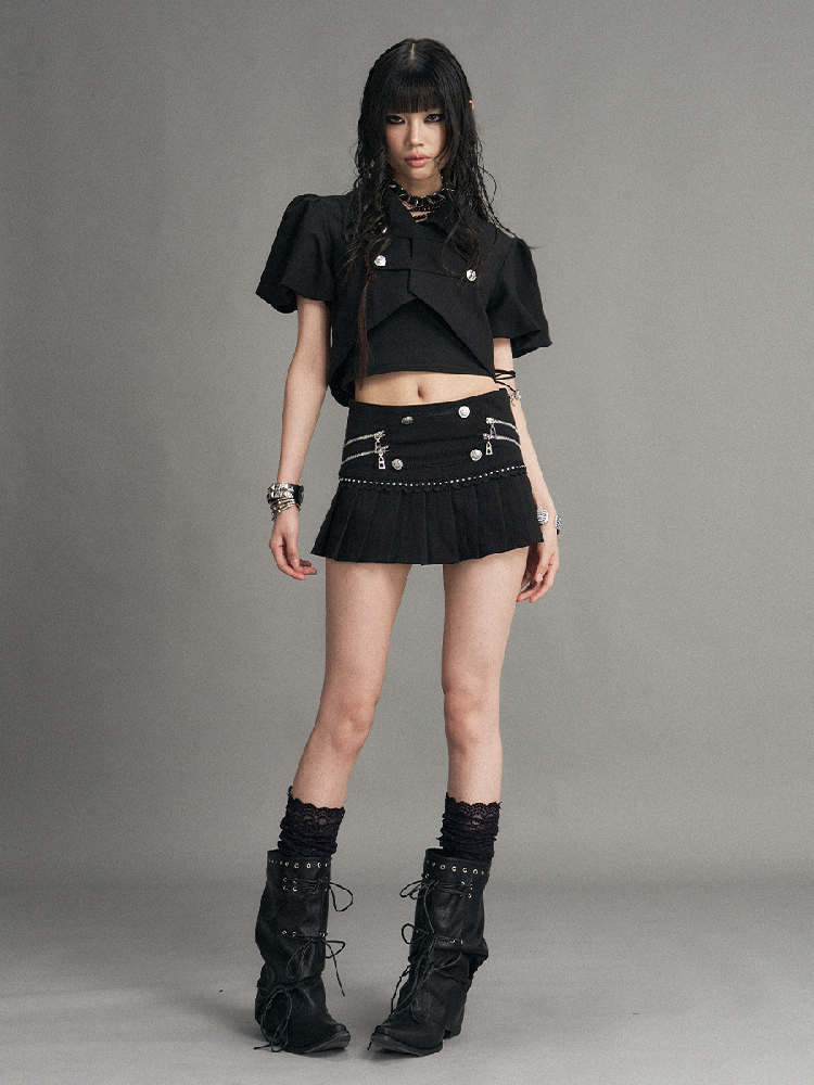 Dark Puff Sleeve Short Suit Top【s0000017524】