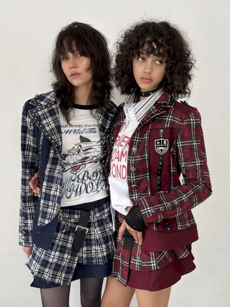 College Punk Badge Plaid Blazer【s0000014204】