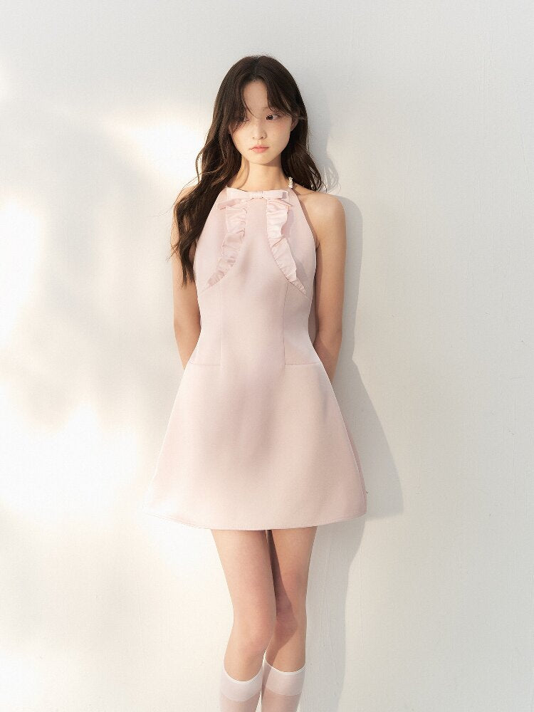 Glossy Satin Ruffled Halter Dress【s0000016873】