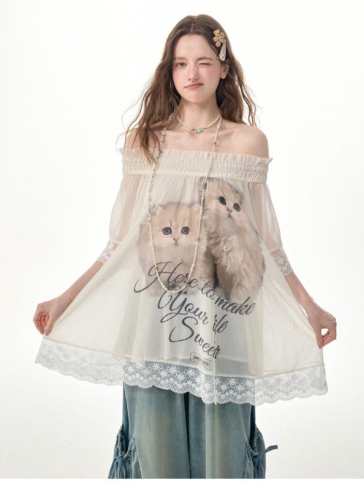 Lace Patchwork Cat Print T-Shirt【s0000017303】