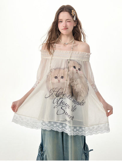 Lace Patchwork Cat Print T-Shirt【s0000017303】