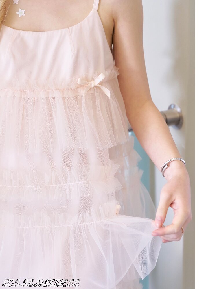 Pink Mesh Bow Puffy Slip Dress【s0000016366】