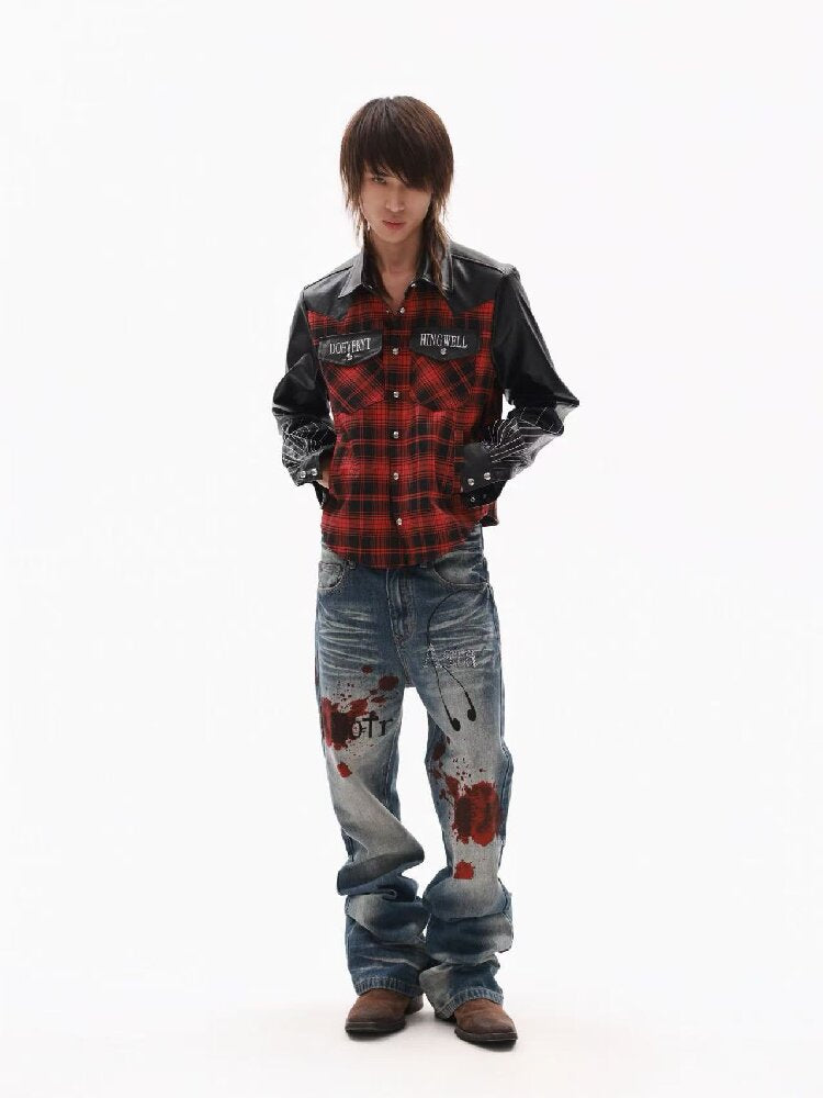 Embroidery Slogan Plaid Leather Jacket【s0000018353】