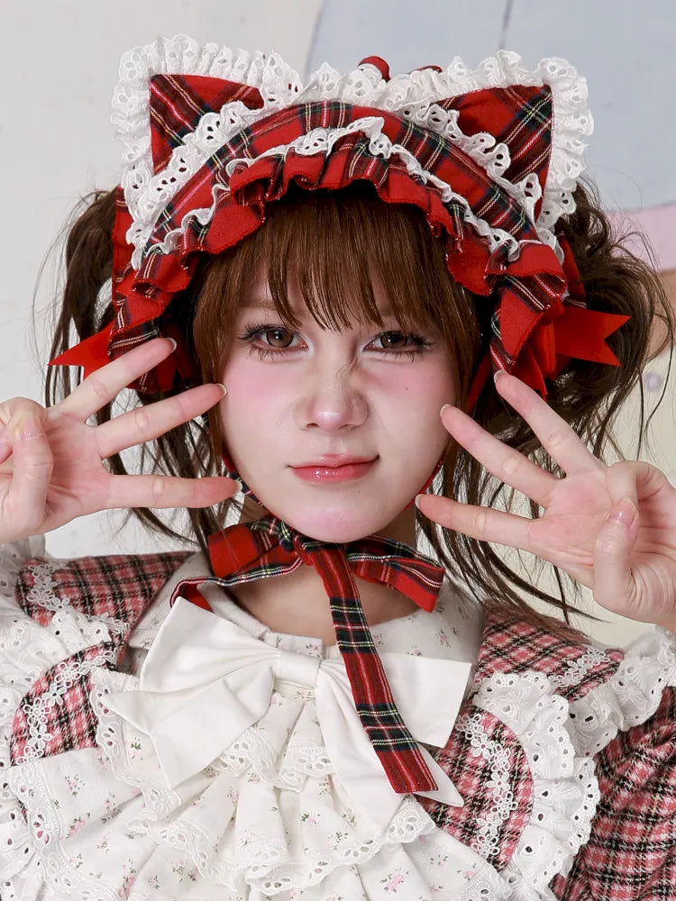 Red Plaid Cute Cat Ear Headband【s0000014106】