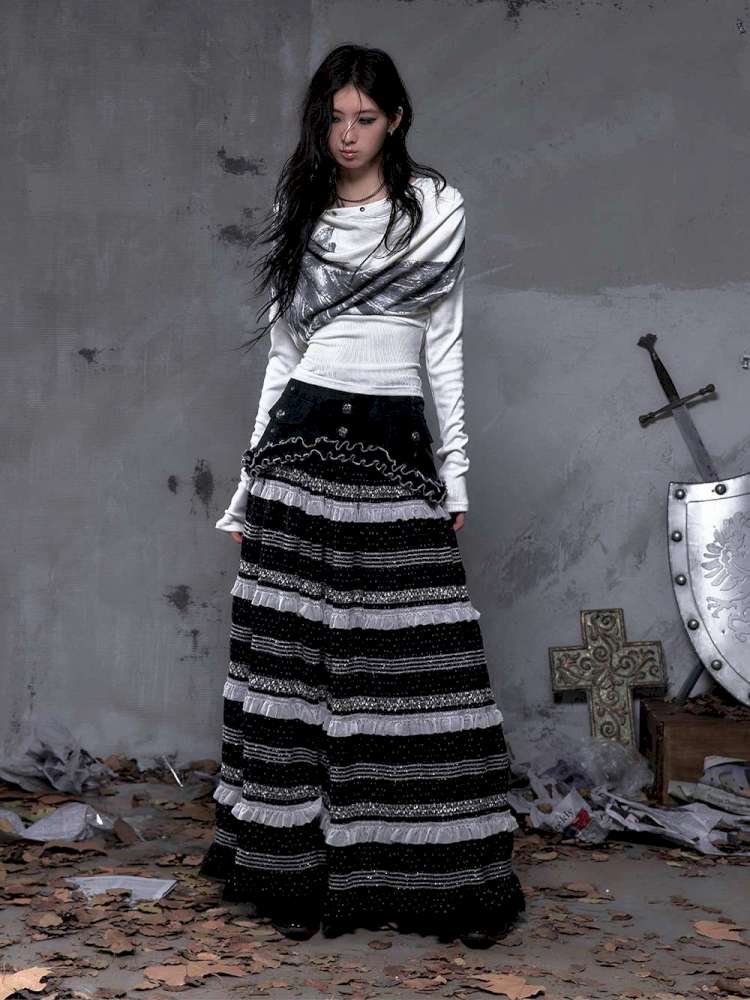 Patchwork Gathered A-Line Skirt【s0000014461】