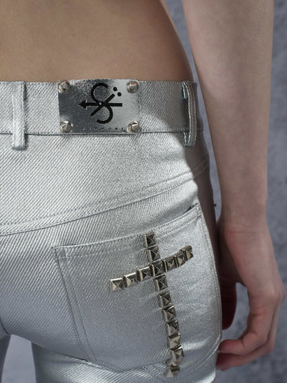 Silver Coated Studded Zip Pants【s0000016946】