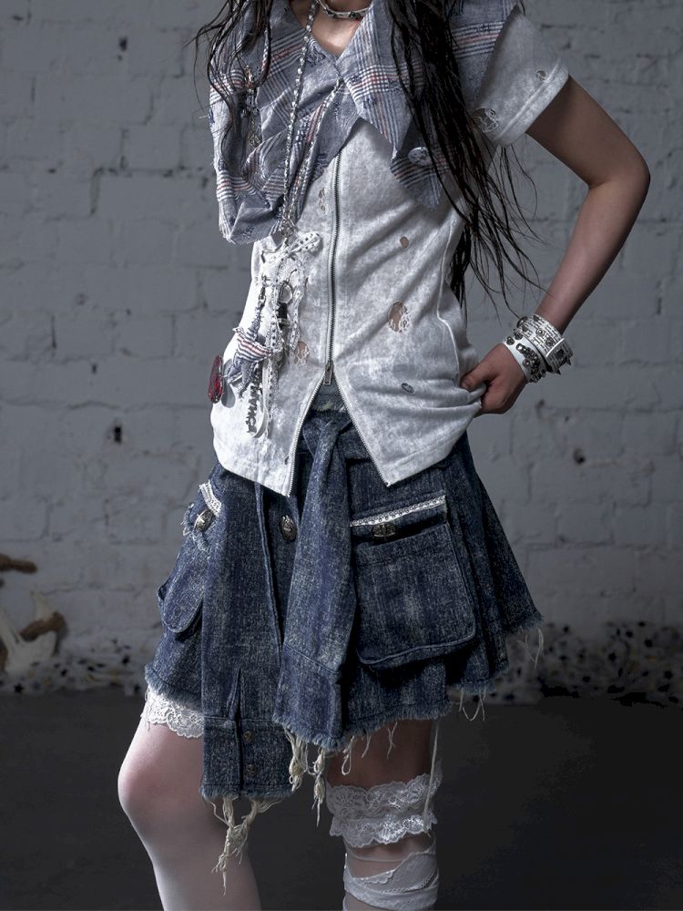 Hooded washed denim shirt dress skirt【s0000012784】